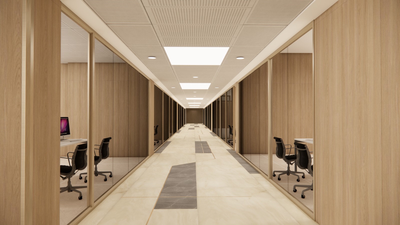 SNBP University modern campus corridor with glass-walled study spaces